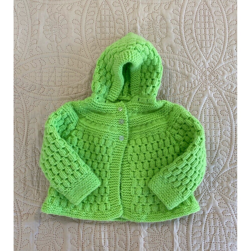 Vintage Toddler Handmade Knit Baby Sweater w/ Hood 12x12 Green Heirloom